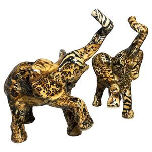 Lot of 2 La Vie Trunk Up Elephant Figurine Safari Animal Print Patchwork Ceramic